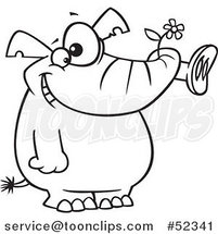Cartoon Black and White Giddy Elephant Holding a Flower in His Trunk by Toonaday
