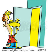 Cartoon Guy Standing at an Open Door with Bright Light by Toonaday