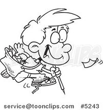 Cartoon Black and White Line Drawing of a Boy Picking up Litter by Toonaday