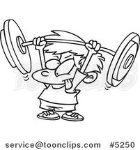 Cartoon Black and White Line Drawing of a Little Boy Lifting a Barbell by Toonaday