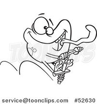 Cartoon Black and White Line Art of a Happy Frog Sticking His Tongue out and Jumping on a Pogo Stick by Toonaday