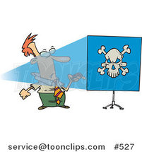 Cartoon Guy Turning a Projector on and Seeing a Skull on a Blue Screen by Toonaday