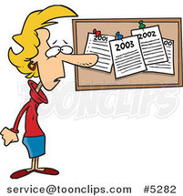 Cartoon Lady Staring at Her past New Year Resolutions on a Bulletin by Toonaday