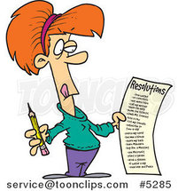 Cartoon Lady Holding a Long New Year Resolutions List by Toonaday