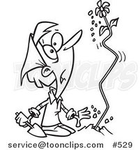 Cartoon Coloring Page Line Art of a Surprised Lady Watching a Flower Shoot out of the Ground by Toonaday
