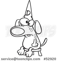 Cartoon Outlined Dumb Dog Wearing a Hat on a Stool by Toonaday