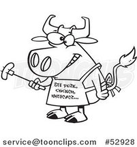 Cartoon Outlined Bbq Cow Holding a Sausage on a Fork and Wearing an Eat Pork Chicken Whatever Apron by Toonaday