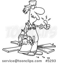 Cartoon Black and White Line Drawing of a Repair Guy with a Throbbing Thumb by Toonaday