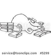 Cartoon Black and White Line Drawing of a Bear Reading Books by Toonaday