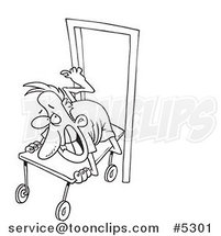 Cartoon Black and White Line Drawing of a Reluctant Guy Going into Surgery by Toonaday