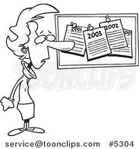 Cartoon Black and White Line Drawing of a Lady Staring at Her past New Year Resolutions on a Bulletin by Toonaday