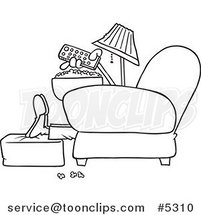 Cartoon Black and White Line Drawing of a Guy with Popcorn, Pointing a Remote at a Tv by Toonaday