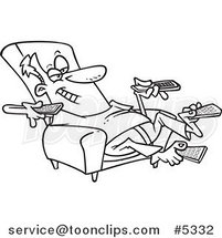 Cartoon Black and White Line Drawing of a Guy Sitting in a Recliner and Holding Many Remote Controls by Toonaday
