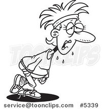 Cartoon Black and White Line Drawing of a Sweaty Lady Exercising for Her New Year Resolution by Toonaday