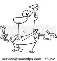 Cartoon Black and White Line Drawing of a Clueless Repair Guy with a Crooked Arm by Toonaday