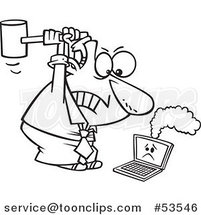 Cartoon Outlined Angry Business Man Whacking a Broken Laptop with a Mallet by Toonaday