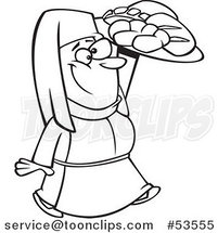 Cartoon Outlined Happy Medieval Castle Baker Lady Carrying Bread by Toonaday