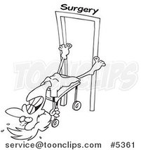 Cartoon Black and White Line Drawing of a Reluctant Lady Going into Surgery by Toonaday