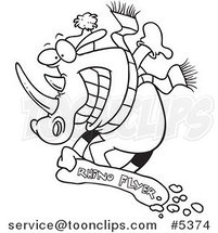 Cartoon Black and White Line Drawing of a Snowboarding Rhino by Toonaday