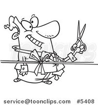 Cartoon Black and White Line Drawing of a Business Man Cutting a Ribbon by Toonaday