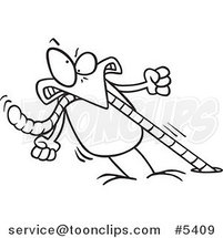 Cartoon Black and White Line Drawing of a Robin Pulling on a Strong Worm by Toonaday