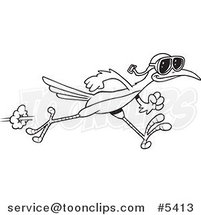 Cartoon Black and White Line Drawing of a Roadrunner Wearing Goggles by Toonaday