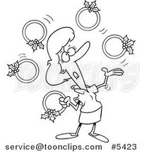Cartoon Black and White Line Drawing of a Christmas Lady Juggling Five Golden Rings by Toonaday