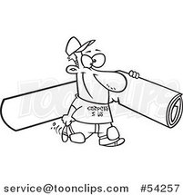 Cartoon Black and White Happy Carpet Layer Guy Carrying a Rolled Piece by Toonaday