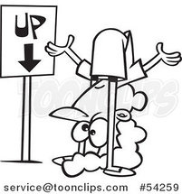 Cartoon Black and White Confused Lady Contorting Her Body by an up down Sign by Toonaday