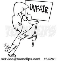 Cartoon Black and White Picketing Lady Carrying an Unfair Sign by Toonaday