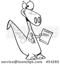 Cartoon Black and White Happy Dinosaur Holding a Contract by Toonaday