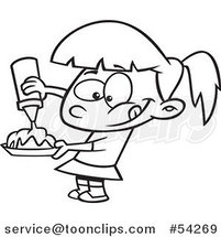 Cartoon Black and White Hungry Girl Pouring Syrup on Her Food by Toonaday