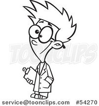 Cartoon Black and White Happy Scientist Boy Carrying a Clipboard by Toonaday