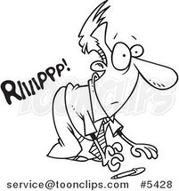 Cartoon Black and White Line Drawing of a Business Man Ripping His Pants to Pick up a Pen by Toonaday