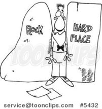 Cartoon Black and White Line Drawing of a Guy Stuck Between a Rock and a Hard Place by Toonaday