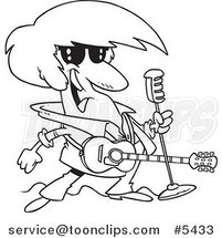 Cartoon Black and White Line Drawing of a Rocker with a Microphone and Guitar by Toonaday
