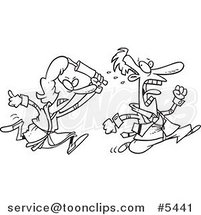 Cartoon Black and White Line Drawing of a Lady Chasing Her Husband with a Rolling Pin by Toonaday