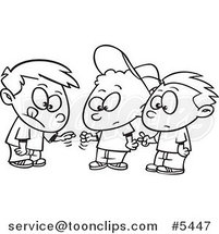 Cartoon Black and White Line Drawing of a Group of Boys Playing Rock Paper Scissors by Toonaday