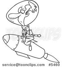 Cartoon Black and White Line Drawing of a Guy Riding a Rocket by Toonaday