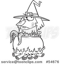 Cartoon Black and White Witch by a Boiling Cauldron with Tentacles by Toonaday