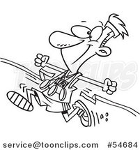 Cartoon Black and White Athletic Marathon Runner Breaking Through a Finish Line with Multiple Medals by Toonaday