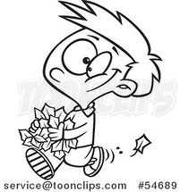 Cartoon Black and White Happy Boy Carrying Autumn Leaves by Toonaday