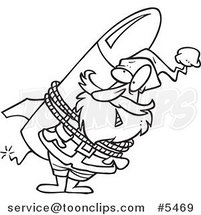 Cartoon Black and White Line Drawing of Santa Strapped to a Rocket by Toonaday
