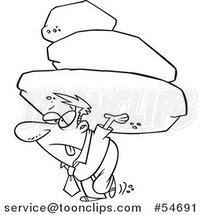 Cartoon Black and White Exhausted Business Man Carrying the Burden of a Heavy Boulder Load by Toonaday