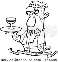 Cartoon Black and White Gross Tentacled Monster Waiter with Wine on a Tray by Toonaday