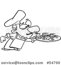 Cartoon Black and White Chef Blowing out the Candles on a Pizza Pie by Toonaday