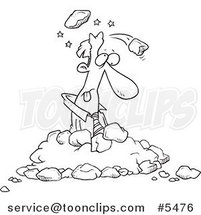Cartoon Black and White Line Drawing of a Business Man in a Pile of Rocks by Toonaday