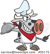 Cartoon Chef Cow Holding a Cloche Platter by Toonaday