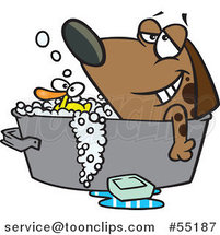 Cartoon Relaxed Dog Bathing in a Tub with a Rubber Duck by Toonaday