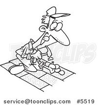 Cartoon Black and White Line Drawing of a Roofer Nailing Shingles by Toonaday
